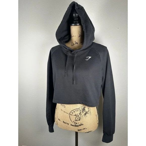 Gymshark Cropped Hoodie Sweatshirt Women Black Athletic Workout Size Large - Picture 3 of 13